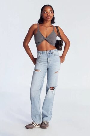 High Waist Ripped Straight Leg Jeans