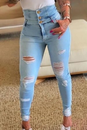 High Waisted Button Slim Fit Ripped Jeans