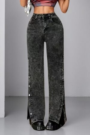 High Waisted Slightly Flared Jeans With Side Buckles
