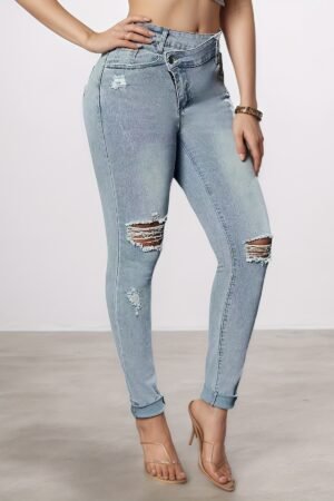 Tear Washed Denim Jeans, Women's Slim Fit Small Foot Design Slim Fit Denim Leggings, Equipped With A Beautiful Waist Belt