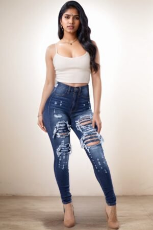 Versatile Women's High Waisted Elastic Ripped Tight Jeans