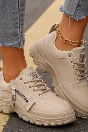 Lace-up Sports Shoes With Side-Zipper Design Fashion Thick-soled Round-toe Casual Shoes For Women Sneakers