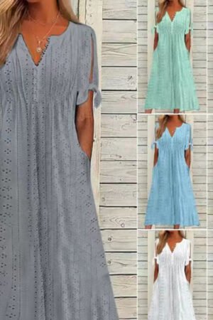 Women's Eyelet V-Neck Maxi Dress Short Sleeve Flowy A-Line Summer Beach Dress