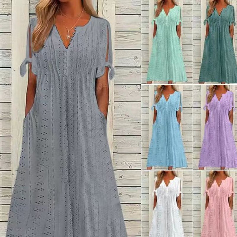 Women's Eyelet V-Neck Maxi Dress Short Sleeve Flowy A-Line Summer Beach Dress