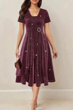 Asymmetrical Hem Short Sleeve V-neck Cross Elegant Solid Color Rhinestone Dress Amaranth