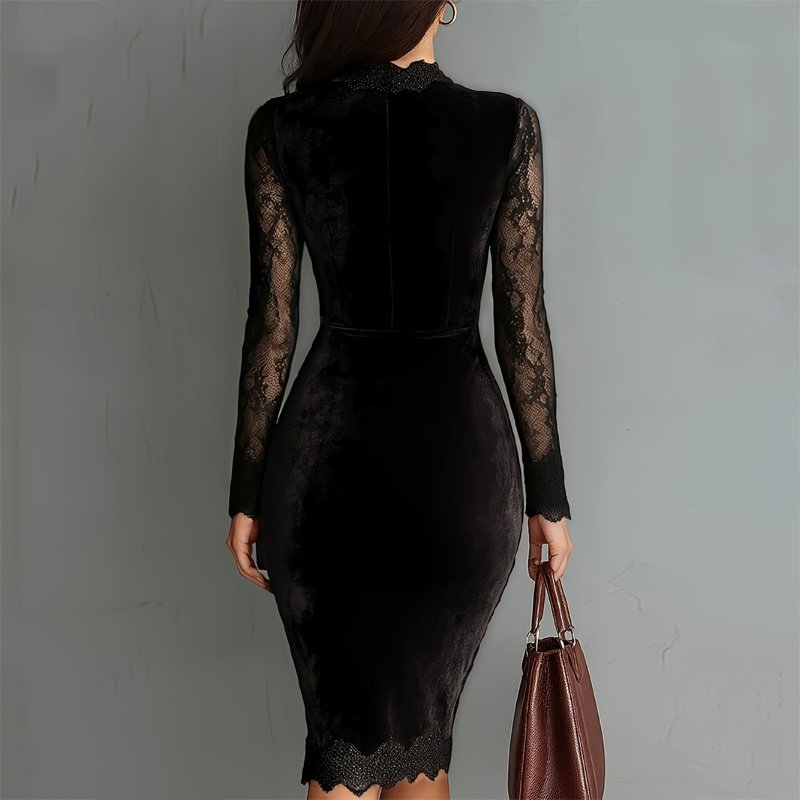 Women's Solid Color Sexy Lace Trim Bodycon Midi Dress, Long Sleeve Party Dress For Spring Autumn Evenings - Image 7
