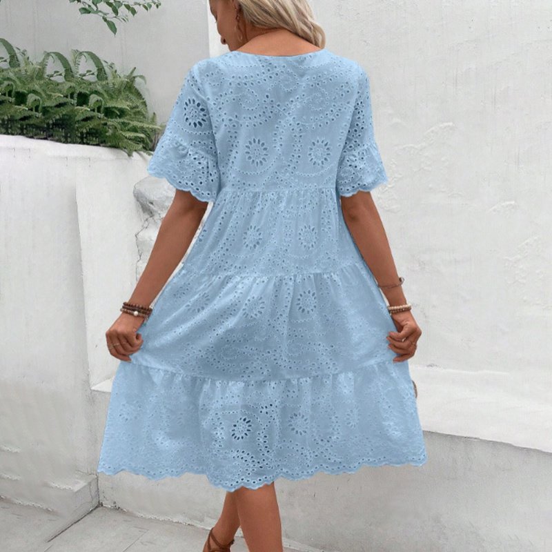 Women's Round Neck Embroidered Lace Short Sleeve A-Line Elegant Summer Vacation Dress - Image 7