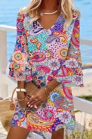 Women's V-Neck Floral Print Dress 3 4 Sleeve Summer Beach Vacation Dress With Pockets
