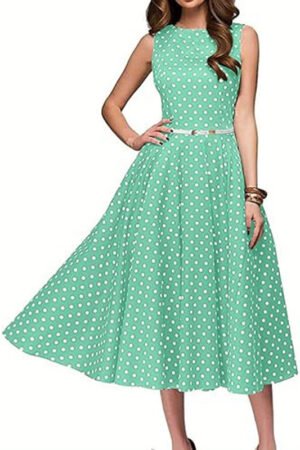 Women's Vintage Polka Dot Sleeveless Dress O-Neck Summer Cocktail Party Dress