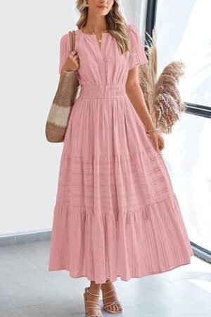 Women's Summer Short Sleeve V Neck Swing Dress Flowy Pleated Tiered Maxi Beach Sundress With Pockets