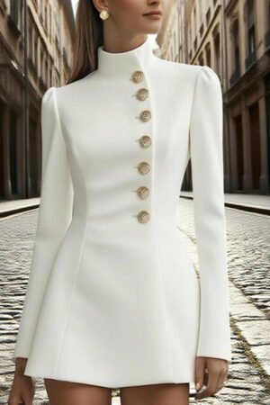 Women's Solid Color Stand Collar Single-Breasted Blazer Dress - Long Sleeve Slim Fit Formal Short Dress For Spring Summer