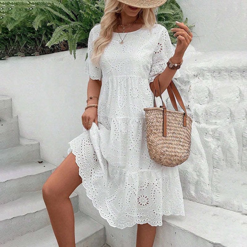 Women's Round Neck Embroidered Lace Short Sleeve A-Line Elegant Summer Vacation Dress - Image 3