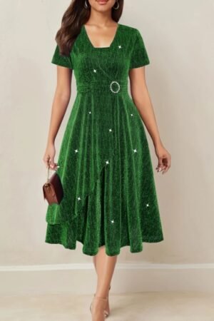 Asymmetrical Hem Short Sleeve V-neck Cross Elegant Solid Color Rhinestone Dress Green