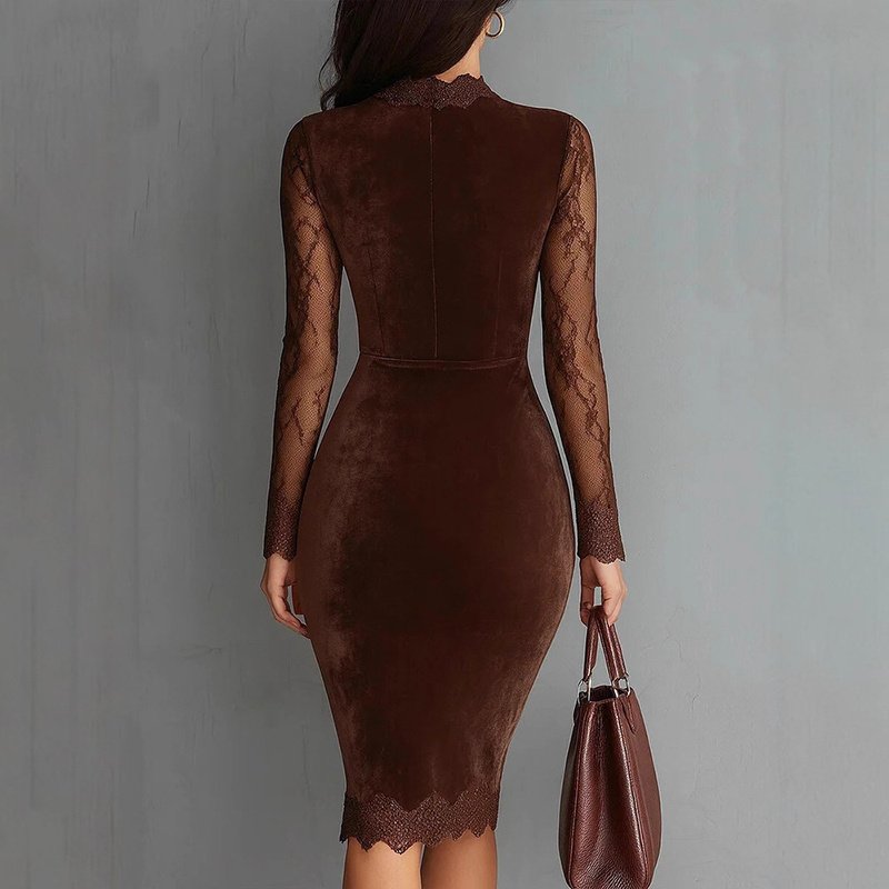 Women's Solid Color Sexy Lace Trim Bodycon Midi Dress, Long Sleeve Party Dress For Spring Autumn Evenings - Image 5
