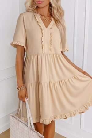 Womens Dresses Summer Spring V Neck Short Sleeve Casual A Line Flowy Swing Dress Mini Dress