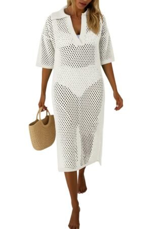 Fisoew Womens Crochet Swimsuit Coverup Summer Hollow Out Short Sleeve V Neck Bikini Coverups Vacation Beach Maxi Dress