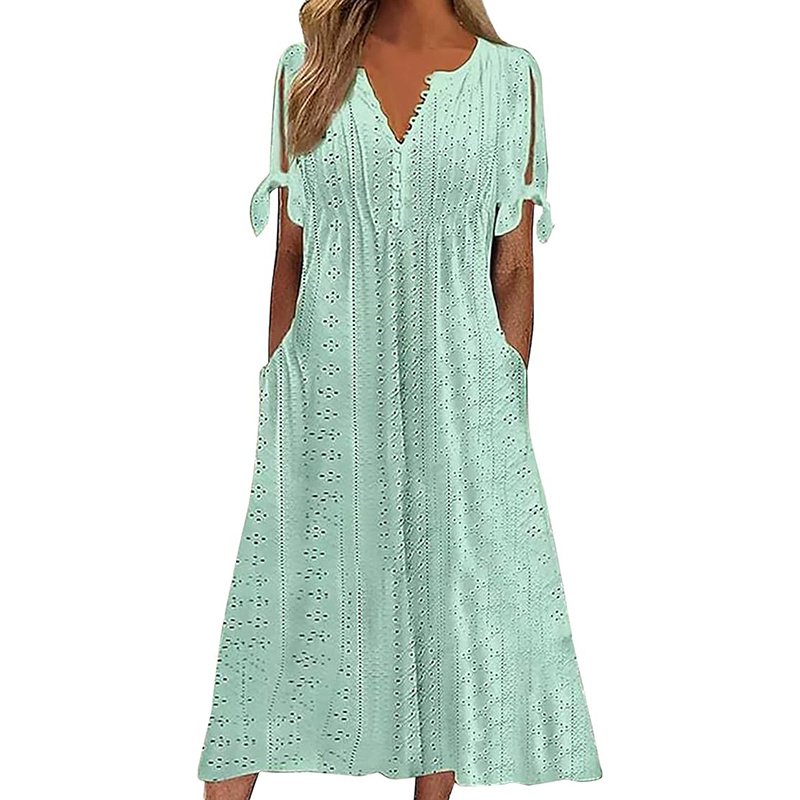 Women's Eyelet V-Neck Maxi Dress Short Sleeve Flowy A-Line Summer Beach Dress - Image 3