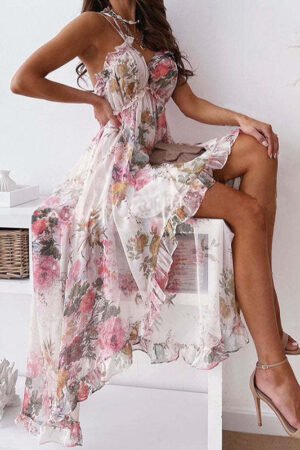 Women's Spaghetti Strap V-Neck Floral Sundress Flowy Fairy Style Summer Dress