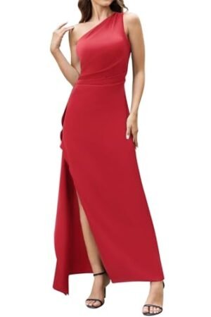 Slim-fit Solid Color One-shoulder Pleated Split Satin Dress