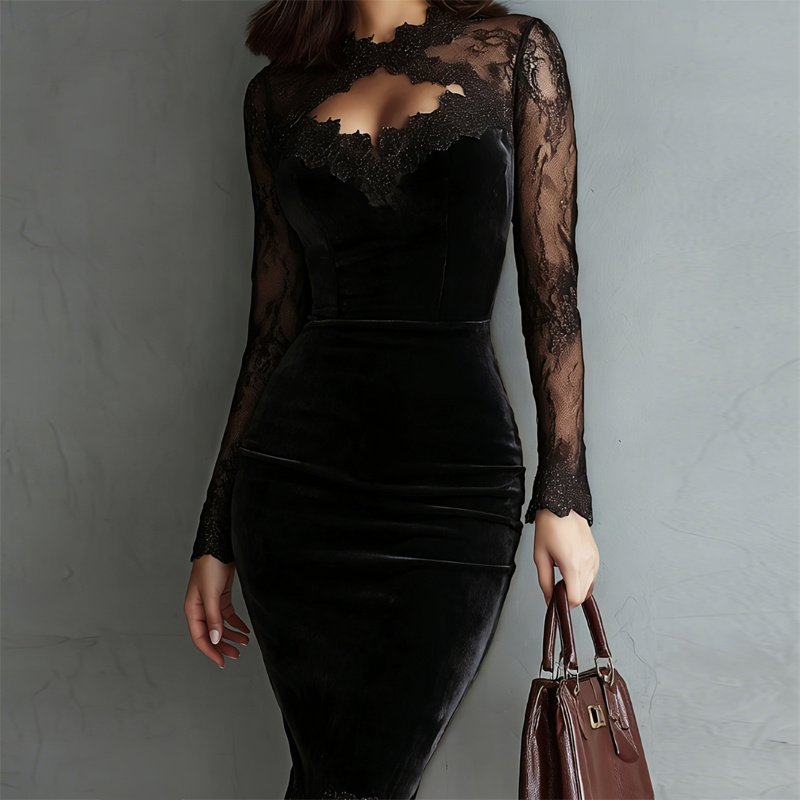 Women's Solid Color Sexy Lace Trim Bodycon Midi Dress, Long Sleeve Party Dress For Spring Autumn Evenings - Image 6