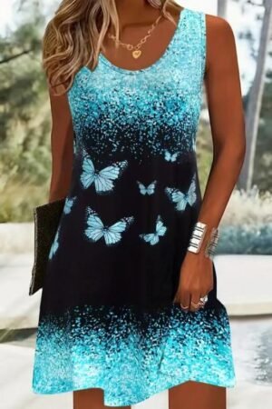 Women's Casual Sundress Summer Beach Dress Graphic Print V Neck Loose Tank Dresses