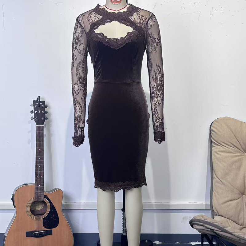 Women's Solid Color Sexy Lace Trim Bodycon Midi Dress, Long Sleeve Party Dress For Spring Autumn Evenings - Image 9