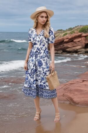New Women’s Floral Print V-neck Dress, Floral Dress, Suitable For Vacation, Women’s Dress