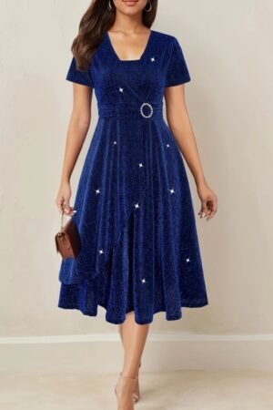 Cross Elegant Solid Color Rhinestone Dress Blue