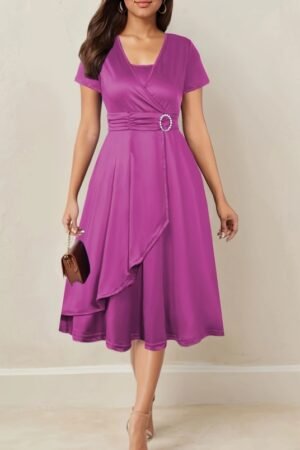 Asymmetrical Hem Short Sleeve V-neck Cross Elegant Solid Color Rhinestone Dress Rose Purple