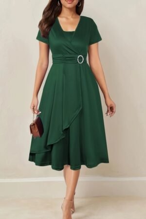 Asymmetrical Hem Short Sleeve V-neck Cross Elegant Solid Color Rhinestone Dress Green