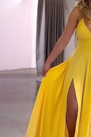 Women's Sexy Deep V Neck Maxi Dress Spaghetti Strap Sleeveless Backless High Slit Long Dress