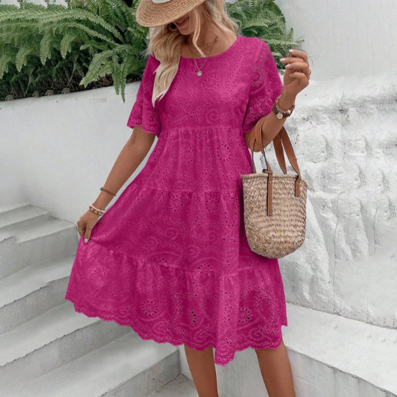 Women's Round Neck Embroidered Lace Short Sleeve A-Line Elegant Summer Vacation Dress - Image 8