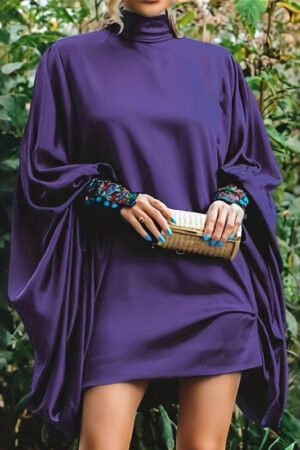 Plus Size Women's Solid Color High Neck Lantern Sleeve Dress - Elegant Evening Gown For Spring&Summer