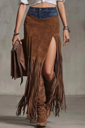 Women's Fashion Patchwork Maxi Skirt With Fringe Hem And High Side Slit Western Style Boho Skirt For Vacation