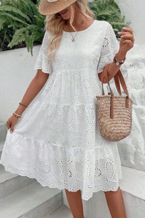 Women's Round Neck Embroidered Lace Short Sleeve A-Line Elegant Summer Vacation Dress