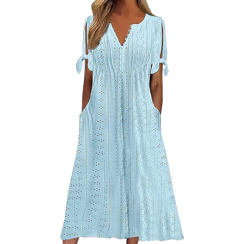 Women's Eyelet V-Neck Maxi Dress Short Sleeve Flowy A-Line Summer Beach Dress - Image 8
