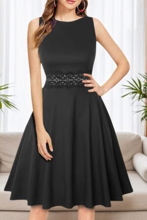 Women’s New Retro Style Pocket Pleated Floral Lace Horn A-line Skirt Casual Party Cocktail Dress Sleeveless