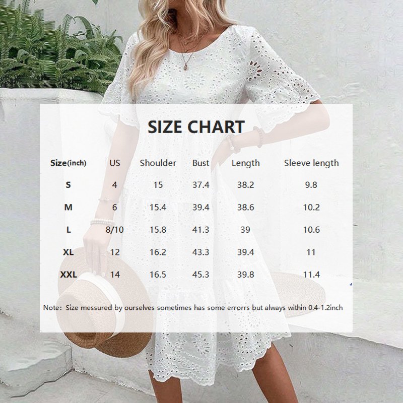 Women's Round Neck Embroidered Lace Short Sleeve A-Line Elegant Summer Vacation Dress - Image 10