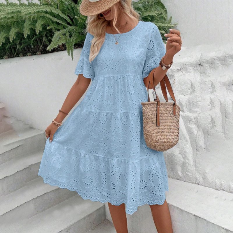 Women's Round Neck Embroidered Lace Short Sleeve A-Line Elegant Summer Vacation Dress - Image 6