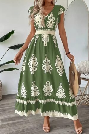 Women's Summer Flowy Maxi Dress Casual Cap Sleeve V Neck Smocked Waist Beach Sundress